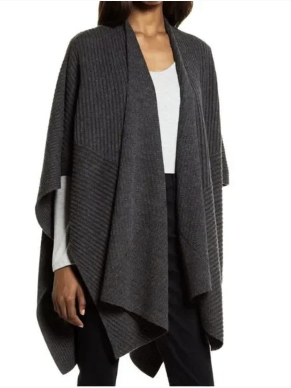 All Saints Traveling Rib Ruana Cardigan Sweater Shawl Grey Marled Wool One Size
